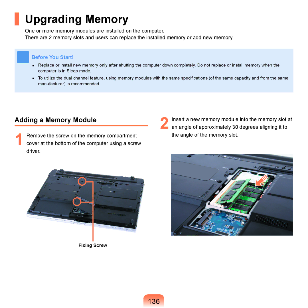 Samsung X65 manual Upgrading Memory, 136, Adding a Memory Module 