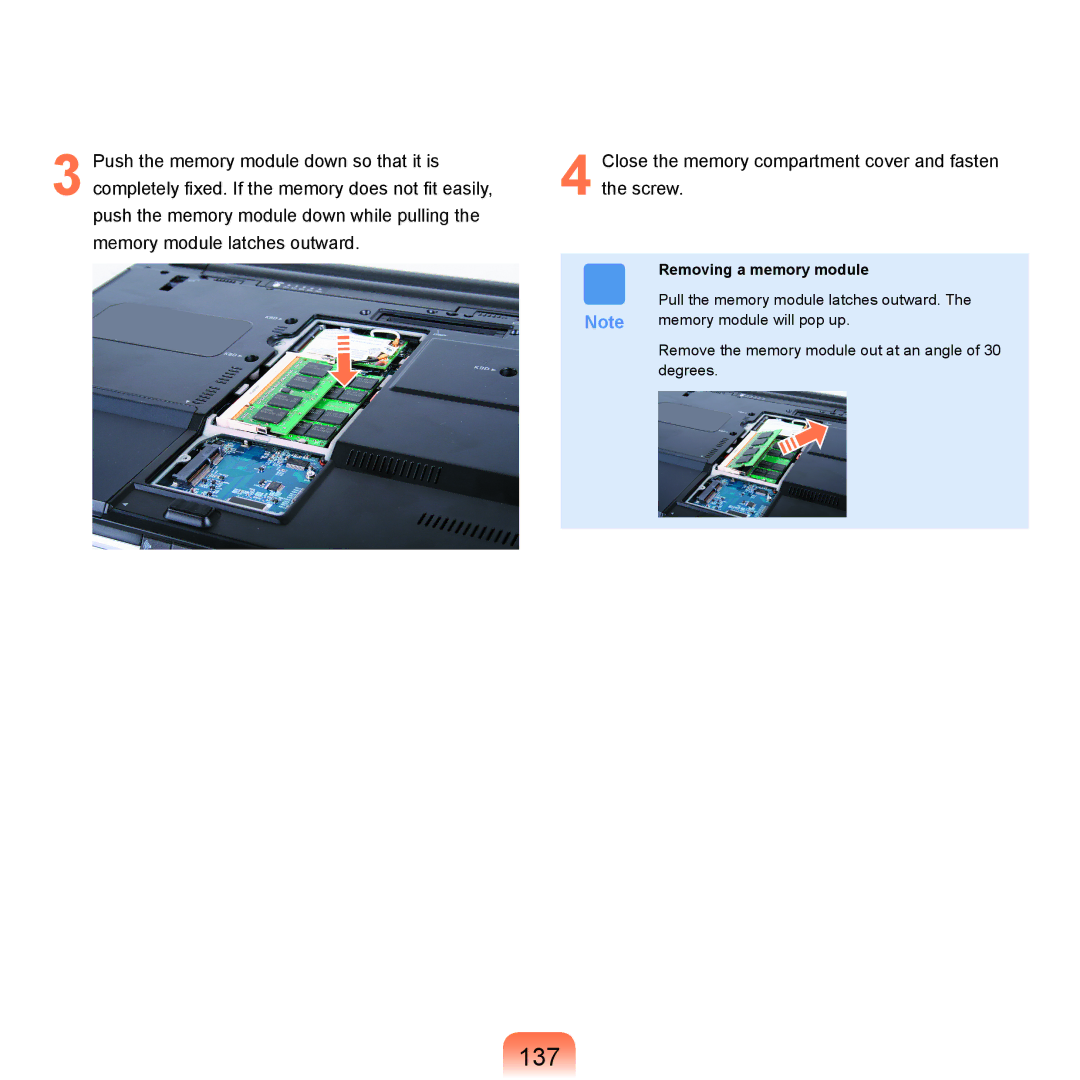 Samsung X65 manual 137, Removing a memory module 