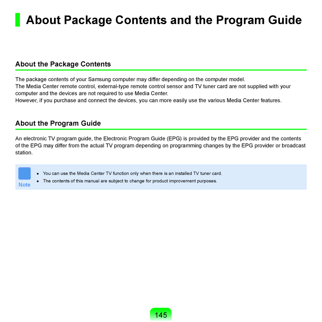 Samsung X65 manual About Package Contents and the Program Guide 