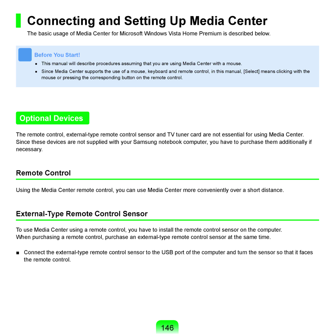 Samsung X65 manual Connecting and Setting Up Media Center, Optional Devices, 146, Remote Control 