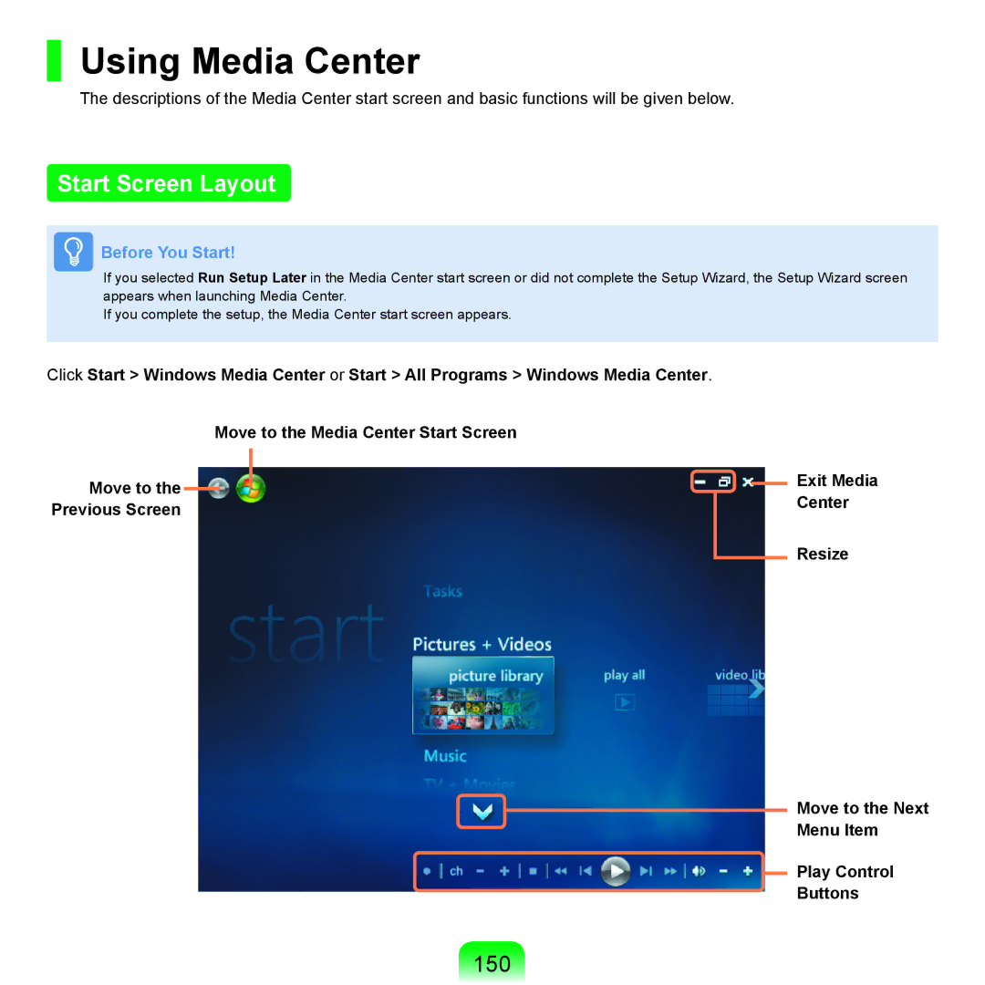 Samsung X65 manual Using Media Center, Start Screen Layout, 150 