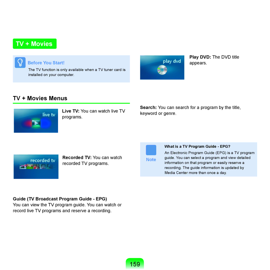 Samsung X65 manual 159, TV + Movies Menus, Recorded TV You can watch, Guide TV Broadcast Program Guide EPG 