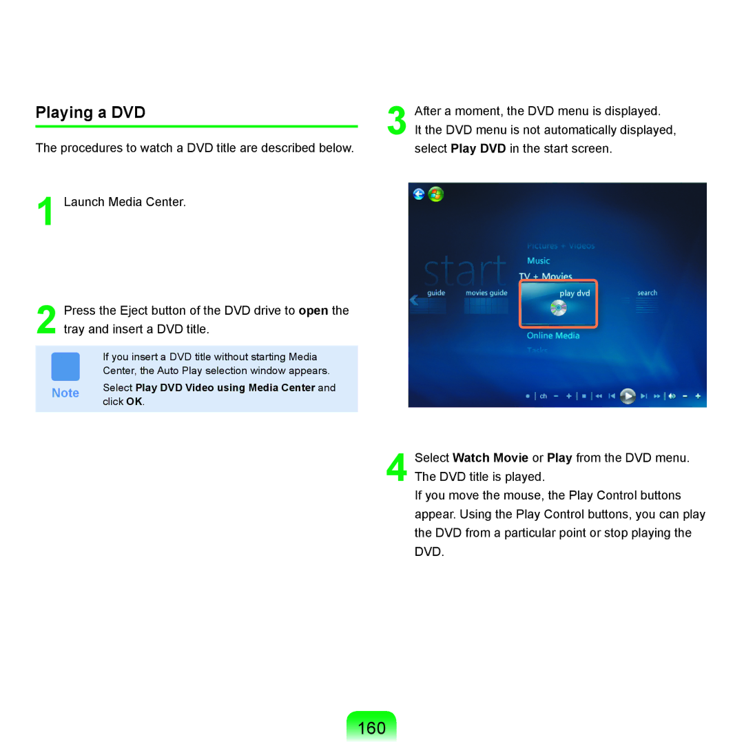 Samsung X65 manual 160, Playing a DVD, Select Play DVD Video using Media Center 