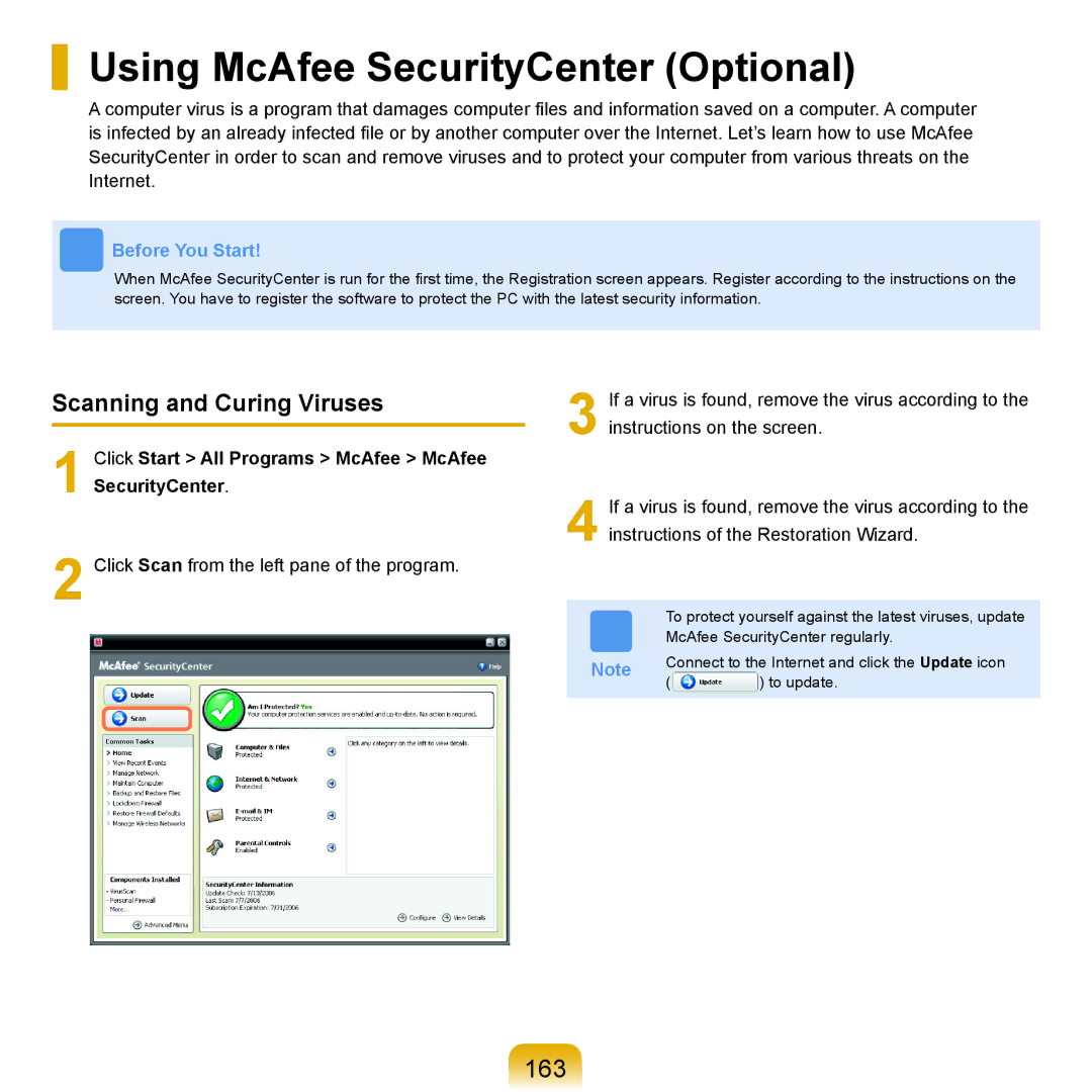 Samsung X65 manual Using McAfee SecurityCenter Optional, 163, Scanning and Curing Viruses 