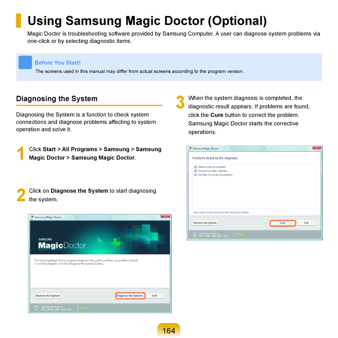 Samsung X65 manual Using Samsung Magic Doctor Optional, 164, Diagnosing the System 