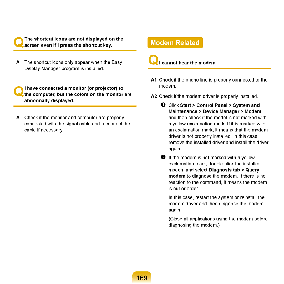 Samsung X65 manual Modem Related, 169, QI cannot hear the modem 