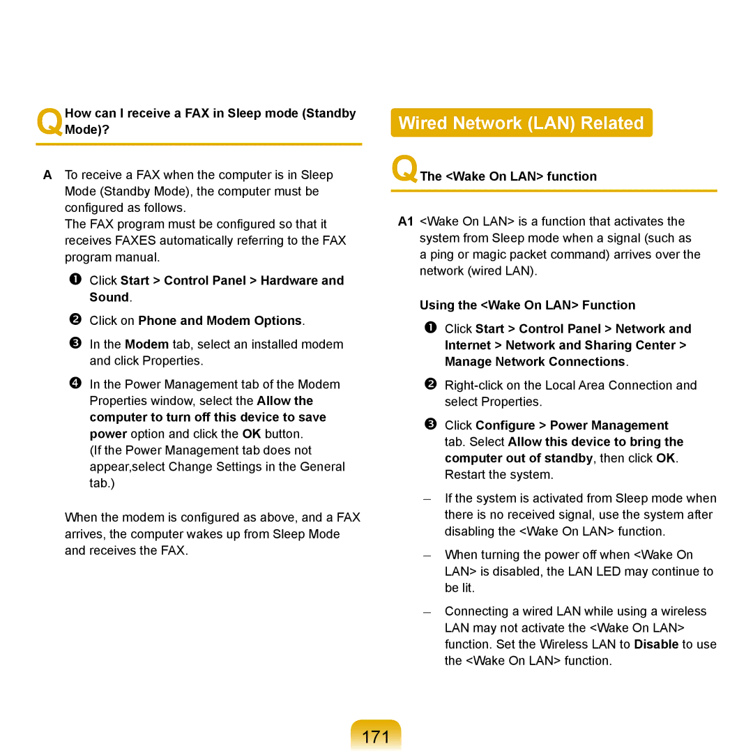 Samsung X65 manual Wired Network LAN Related, 171, QHow can I receive a FAX in Sleep mode Standby Mode? 