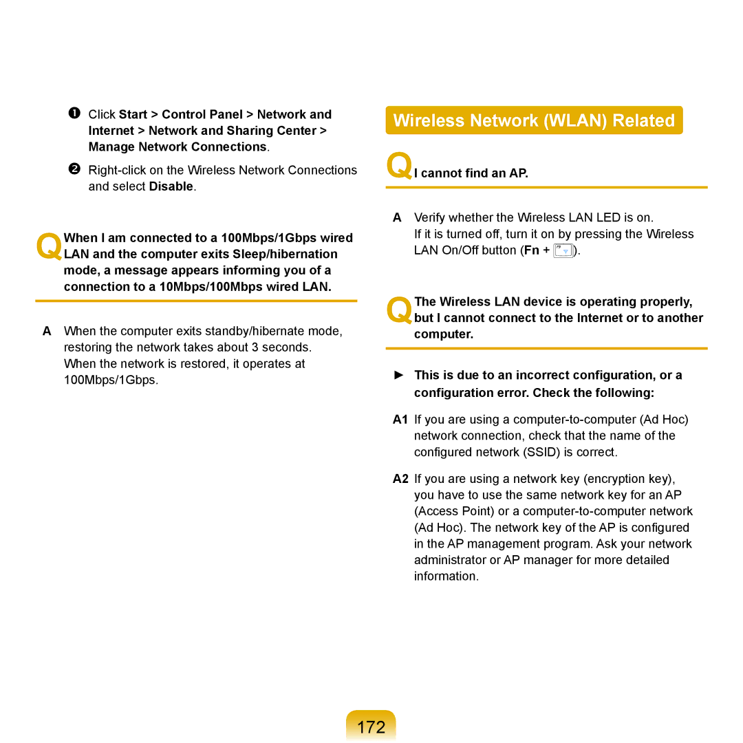 Samsung X65 manual Wireless Network Wlan Related, 172, QI cannot ﬁnd an AP 