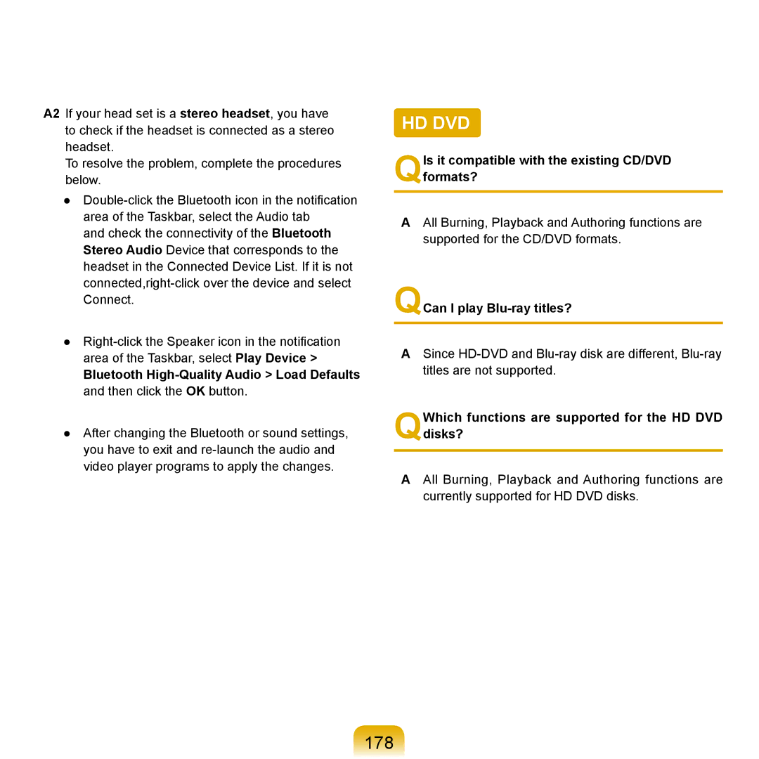 Samsung X65 manual 178, QIs it compatible with the existing CD/DVD formats?, QCan I play Blu-ray titles? 