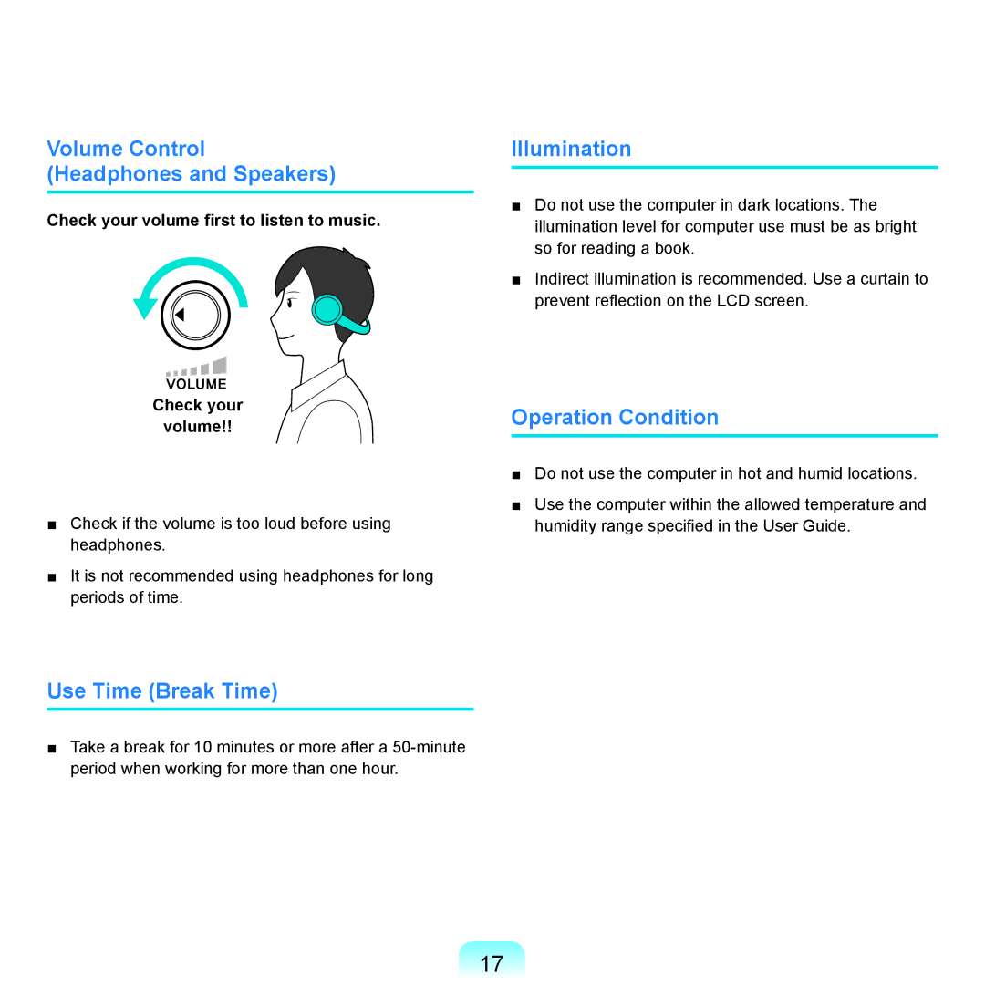 Samsung X65 manual Volume Control Headphones and Speakers, Use Time Break Time, Illumination, Operation Condition 
