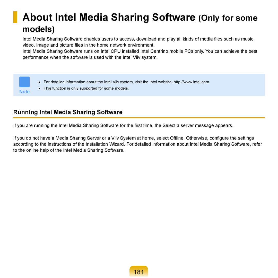 Samsung X65 manual About Intel Media Sharing Software Only for some, 181, Running Intel Media Sharing Software 