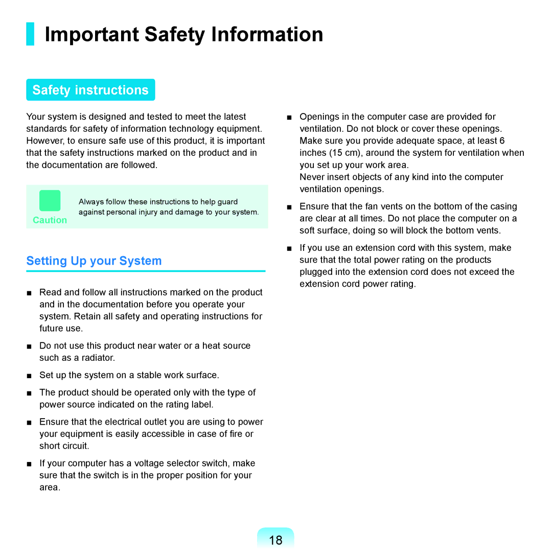 Samsung X65 manual Important Safety Information, Safety instructions, Setting Up your System 