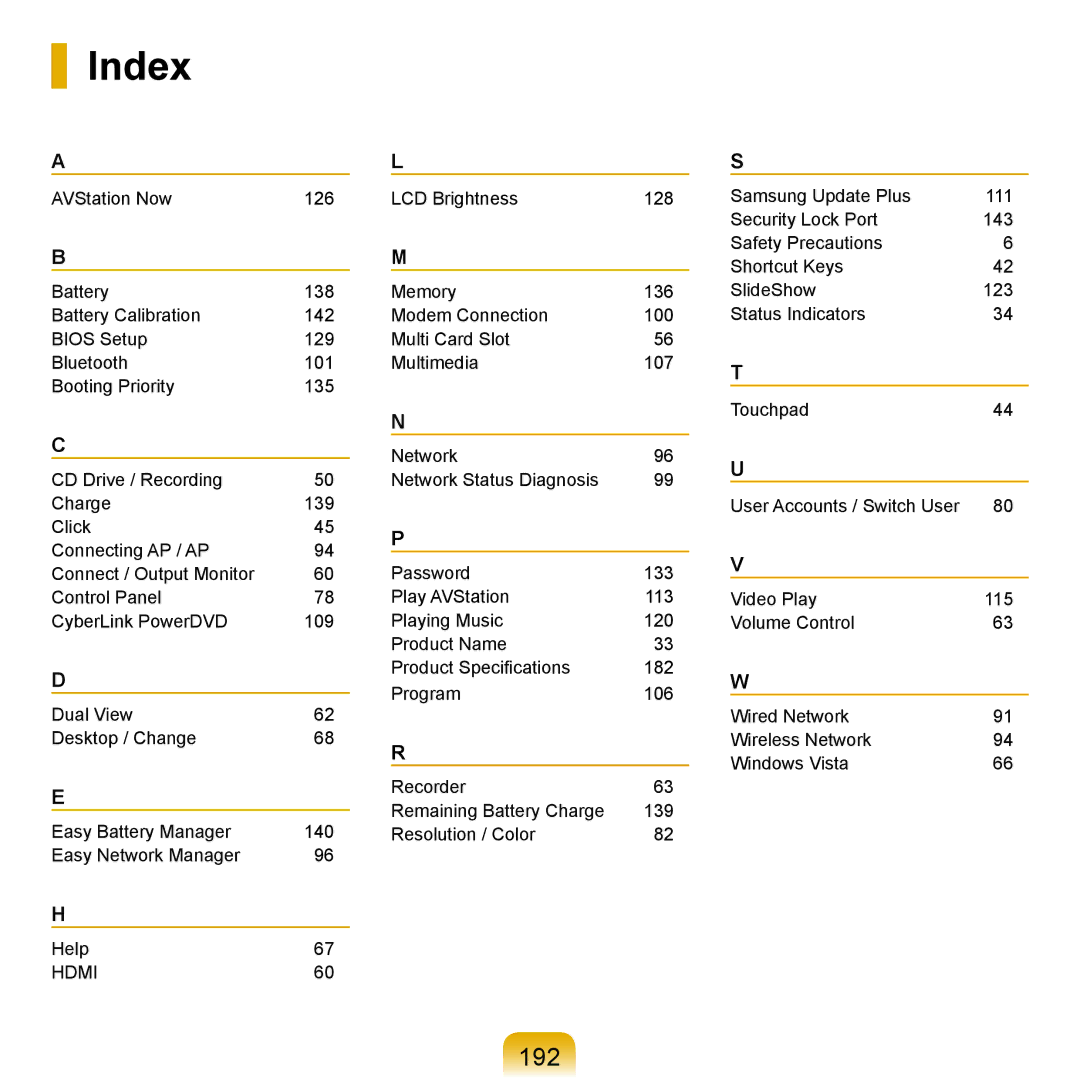 Samsung X65 manual Index, 192 