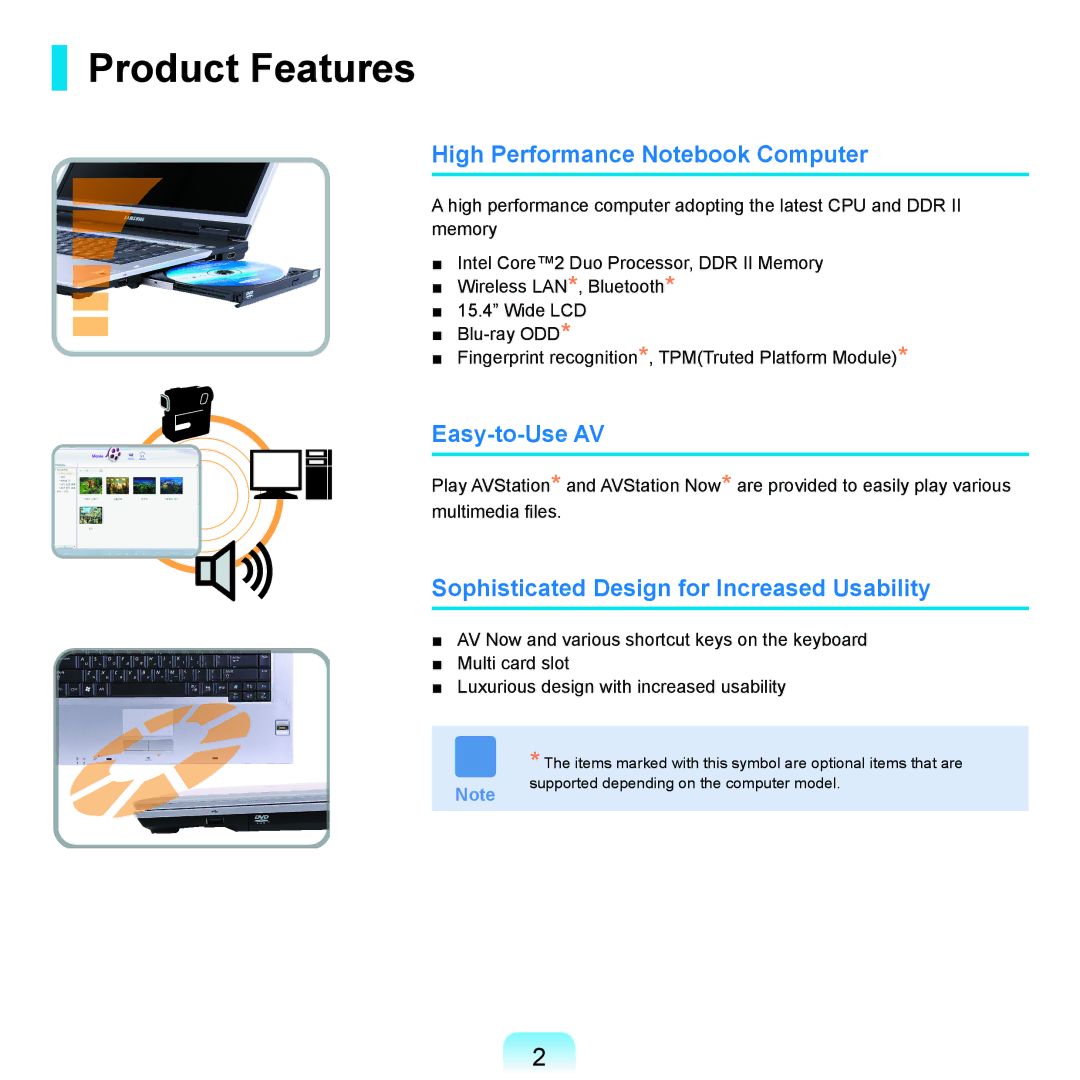 Samsung X65 manual Product Features, High Performance Notebook Computer, Easy-to-Use AV 