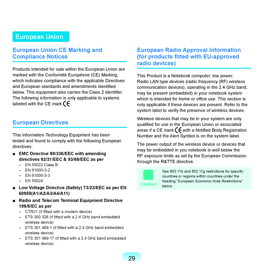 Samsung X65 manual European Union CE Marking and Compliance Notices, European Directives 