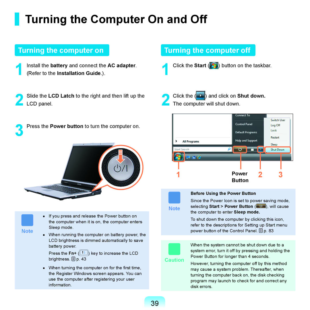 Samsung X65 manual Turning the Computer On and Off, Turning the computer on Turning the computer off, Power 2 Button 