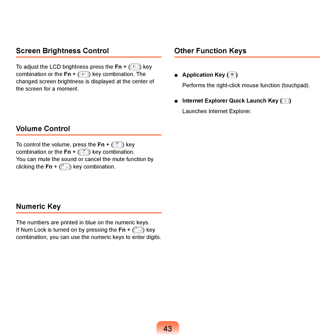 Samsung X65 manual Screen Brightness Control, Volume Control, Numeric Key Other Function Keys, Application Key 
