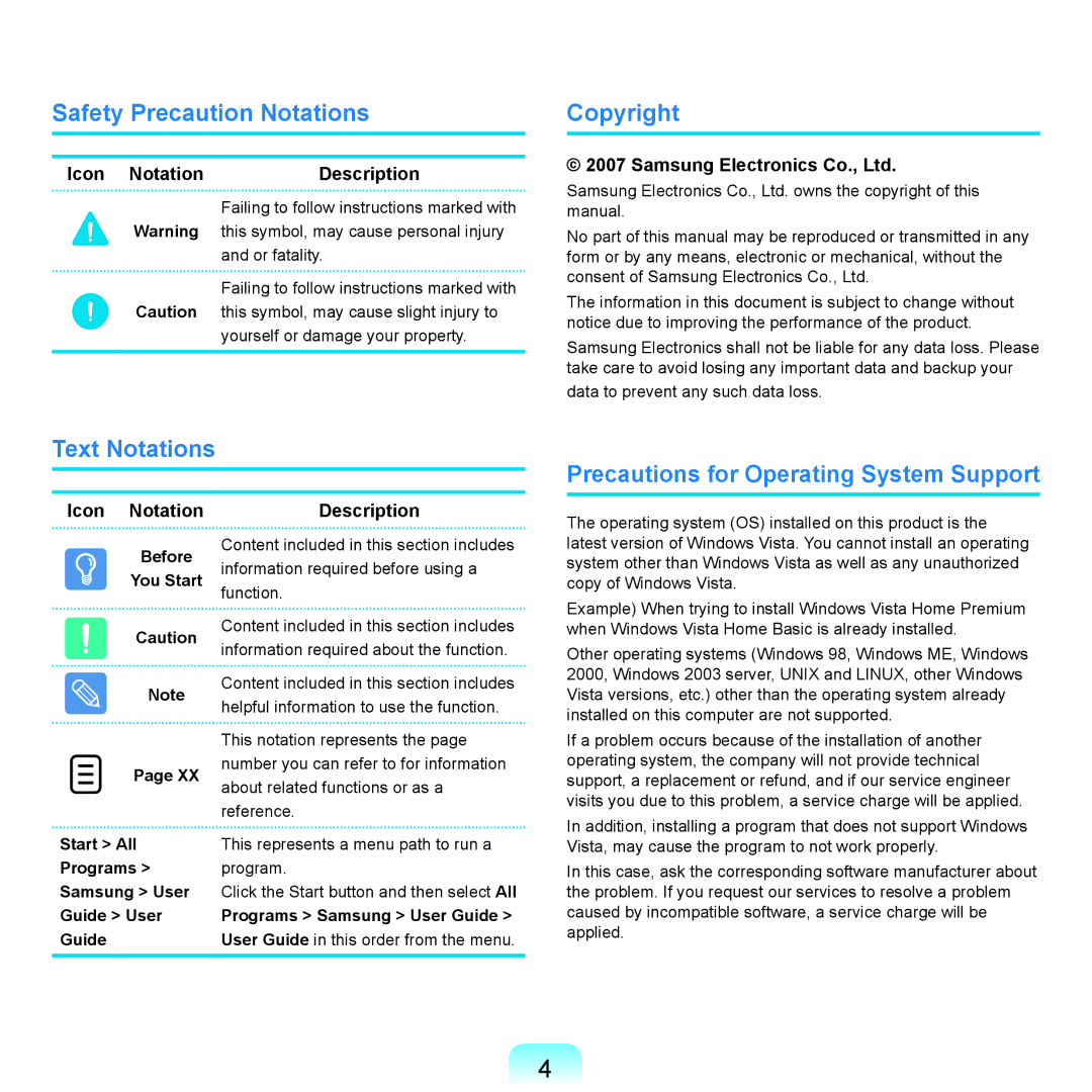 Samsung X65 Safety Precaution Notations, Copyright, Text Notations Precautions for Operating System Support, Icon Notation 