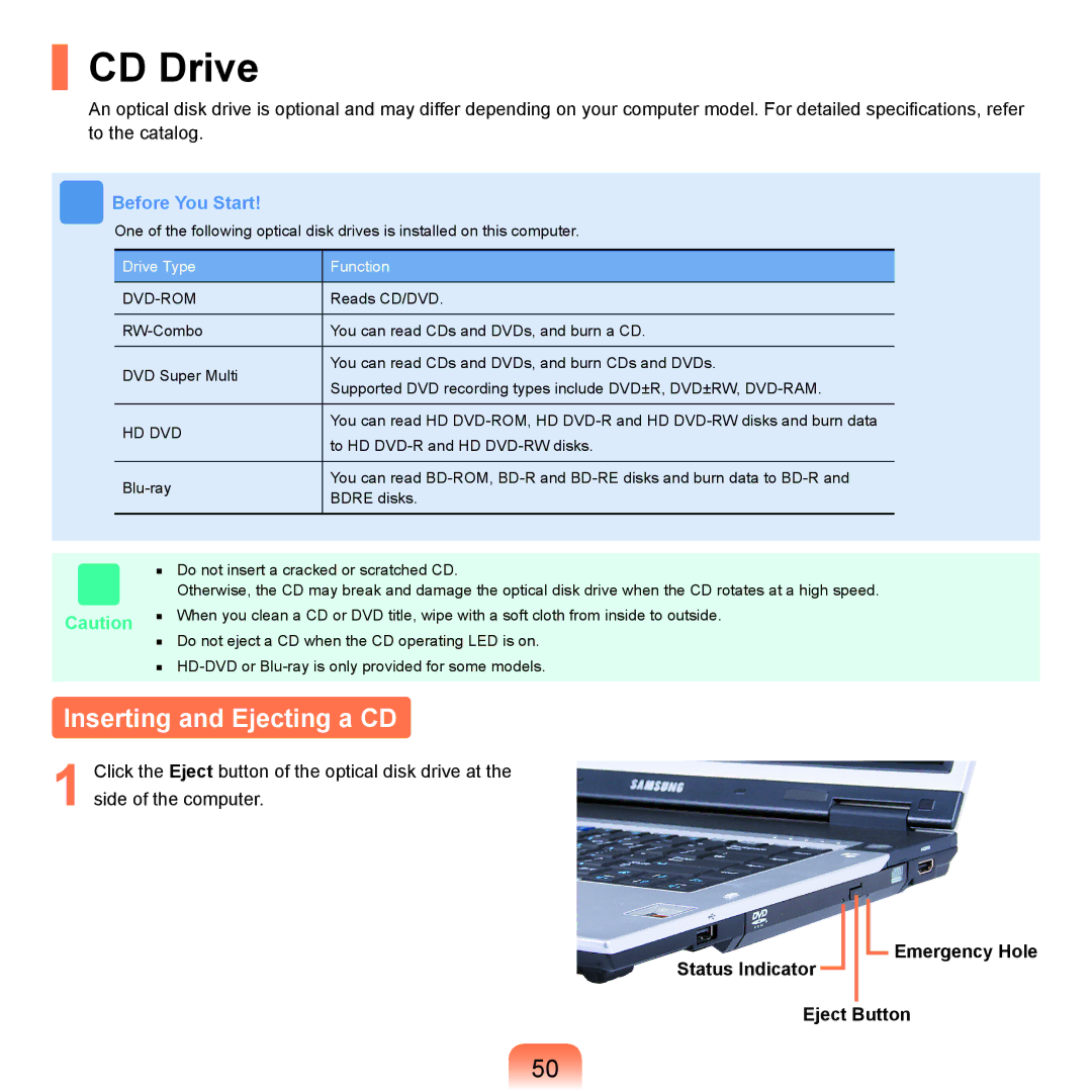 Samsung X65 manual CD Drive, Inserting and Ejecting a CD, Status Indicator Emergency Hole Eject Button 