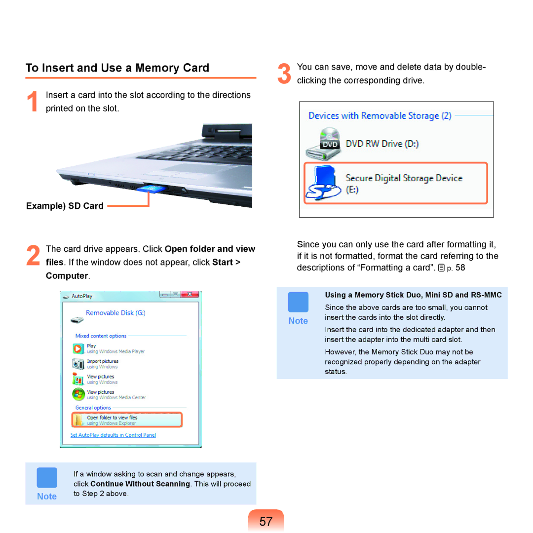 Samsung X65 manual To Insert and Use a Memory Card, Example SD Card, Using a Memory Stick Duo, Mini SD and RS-MMC 