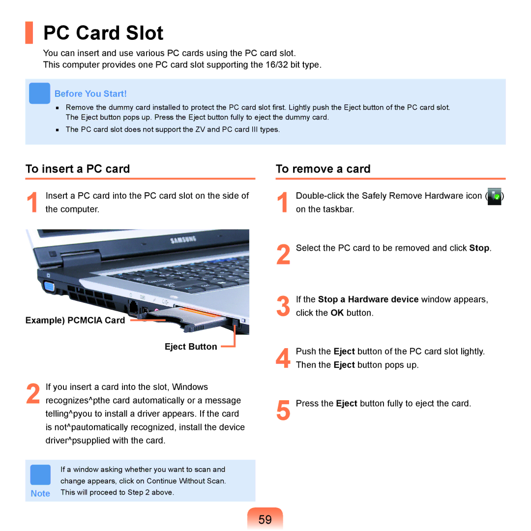 Samsung X65 manual PC Card Slot, To insert a PC card, To remove a card, Example Pcmcia Card Eject Button 