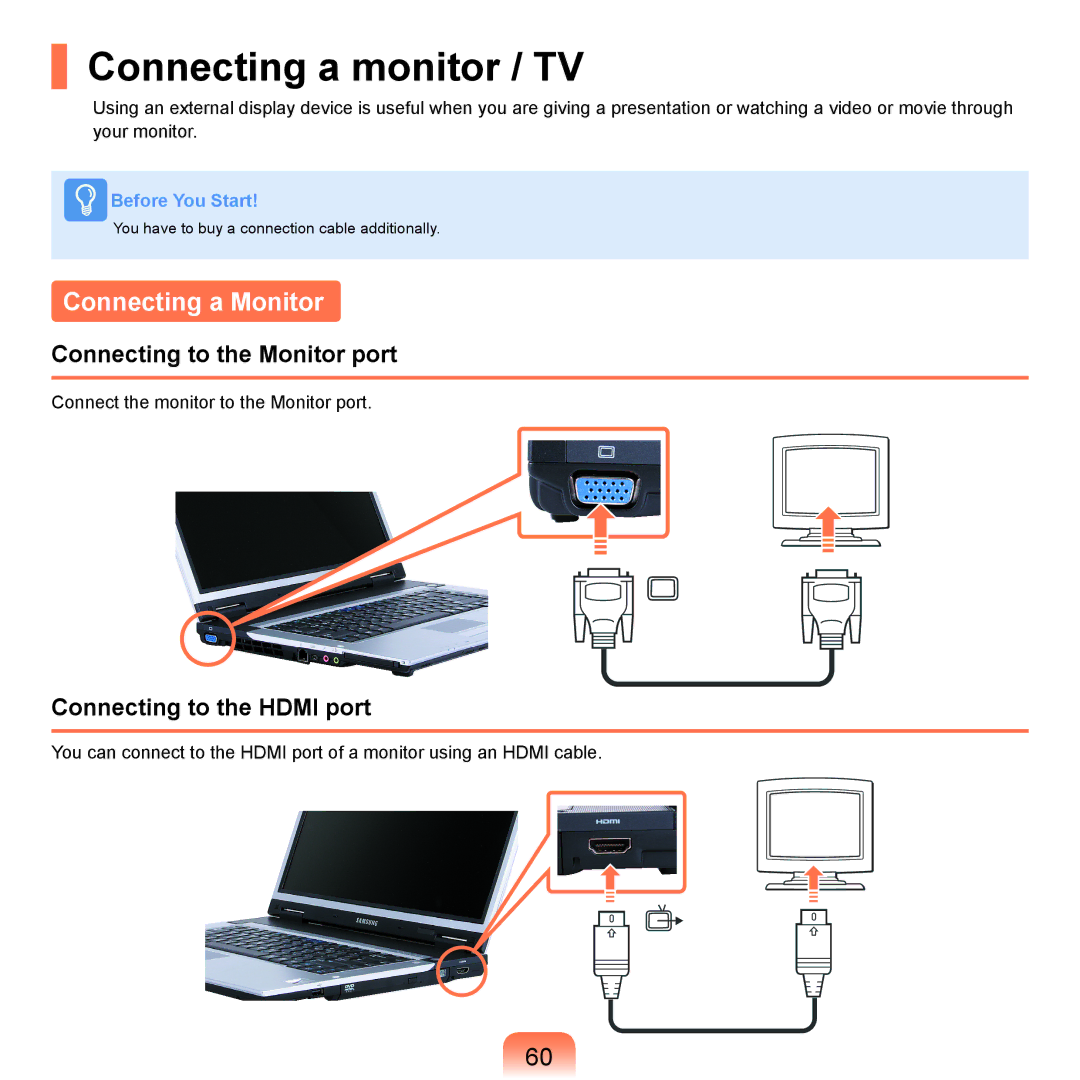 Samsung X65 Connecting a monitor / TV, Connecting a Monitor, Connecting to the Monitor port, Connecting to the Hdmi port 