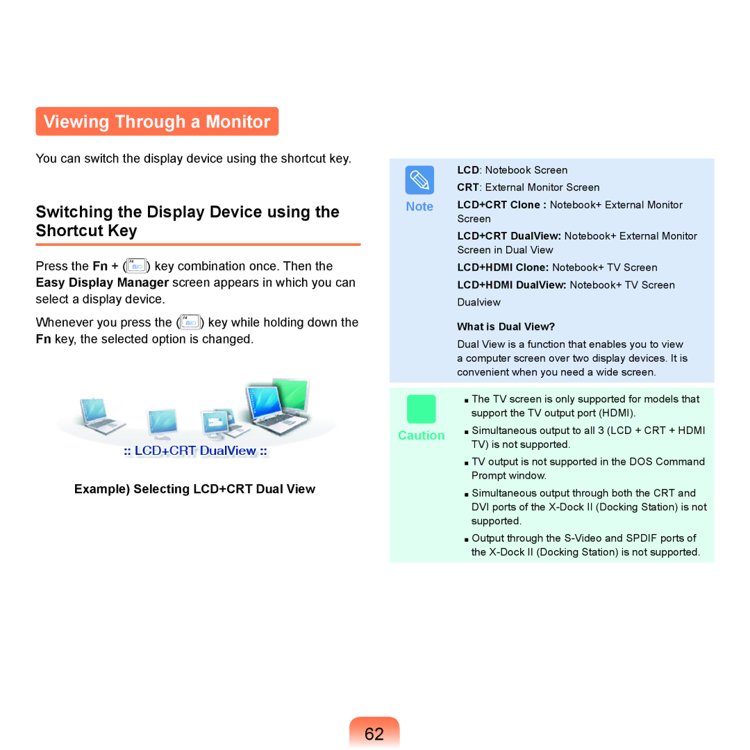 Samsung X65 manual Viewing Through a Monitor, Switching the Display Device using the Shortcut Key, What is Dual View? 