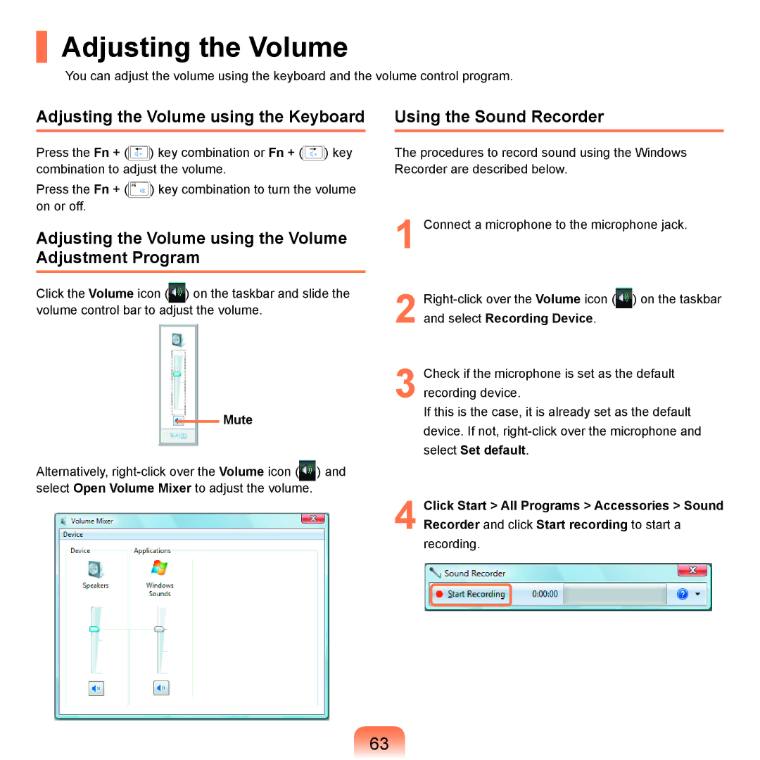 Samsung X65 manual Adjusting the Volume using the Keyboard, Adjusting the Volume using the Volume Adjustment Program 