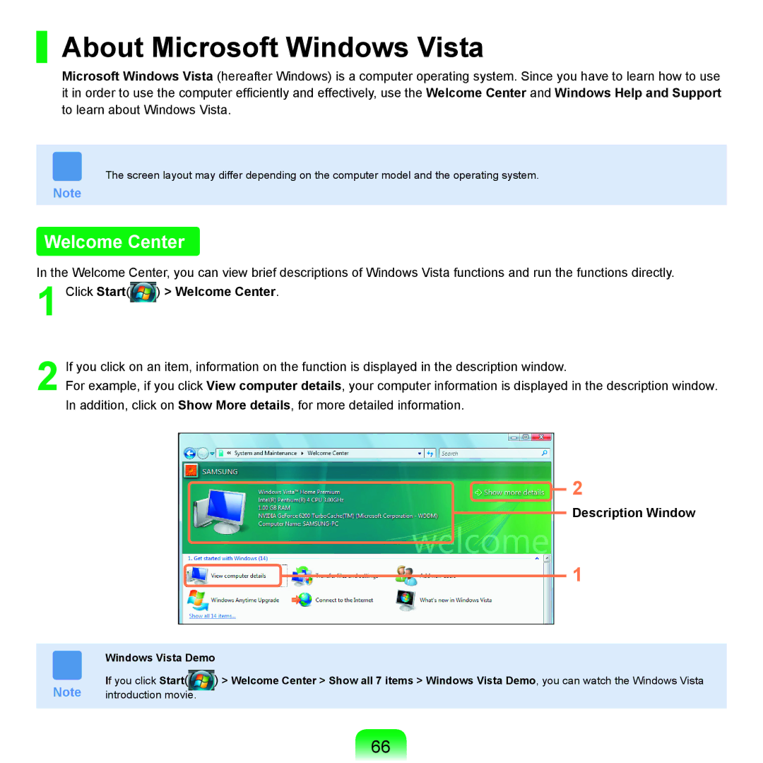 Samsung X65 manual About Microsoft Windows Vista, Click Start Welcome Center, Description Window 