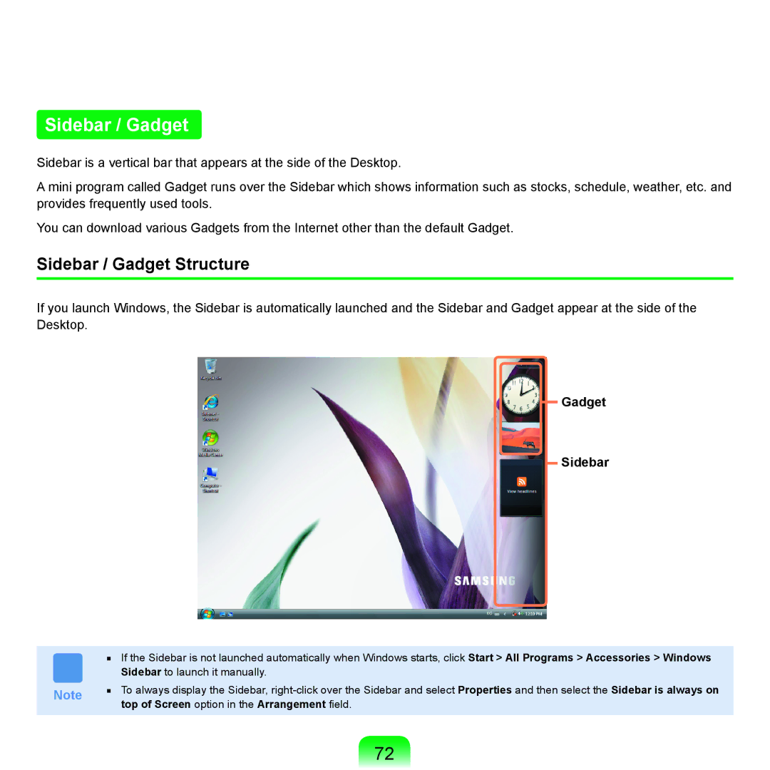 Samsung X65 manual Sidebar / Gadget Structure, Gadget Sidebar, Top of Screen option in the Arrangement ﬁeld 