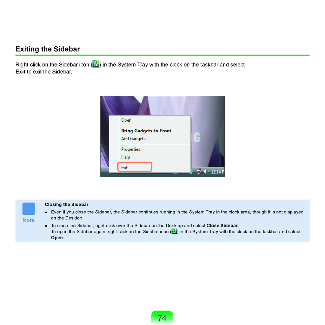 Samsung X65 manual Exiting the Sidebar, Closing the Sidebar 