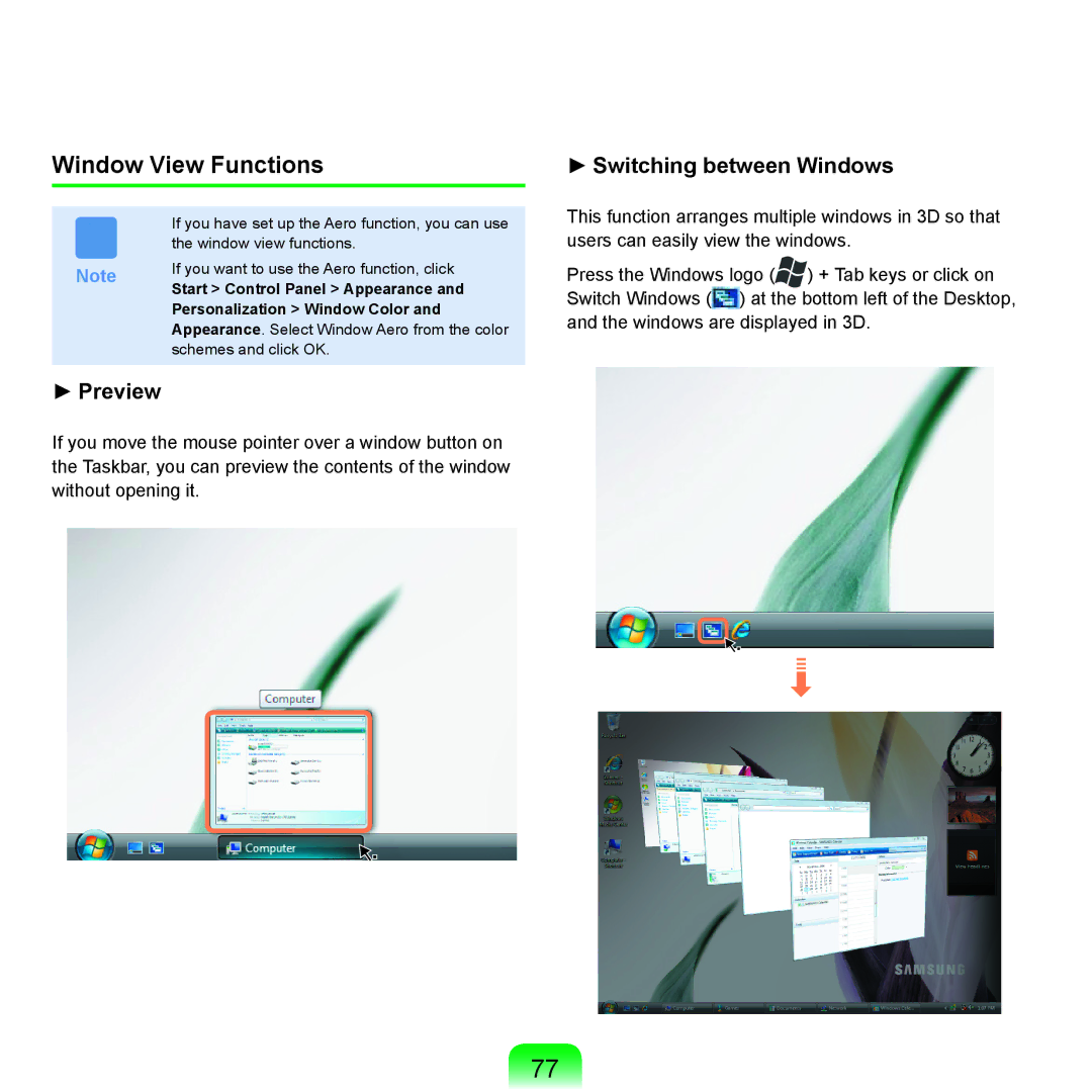 Samsung X65 manual Window View Functions, Start Control Panel Appearance, Personalization Window Color 