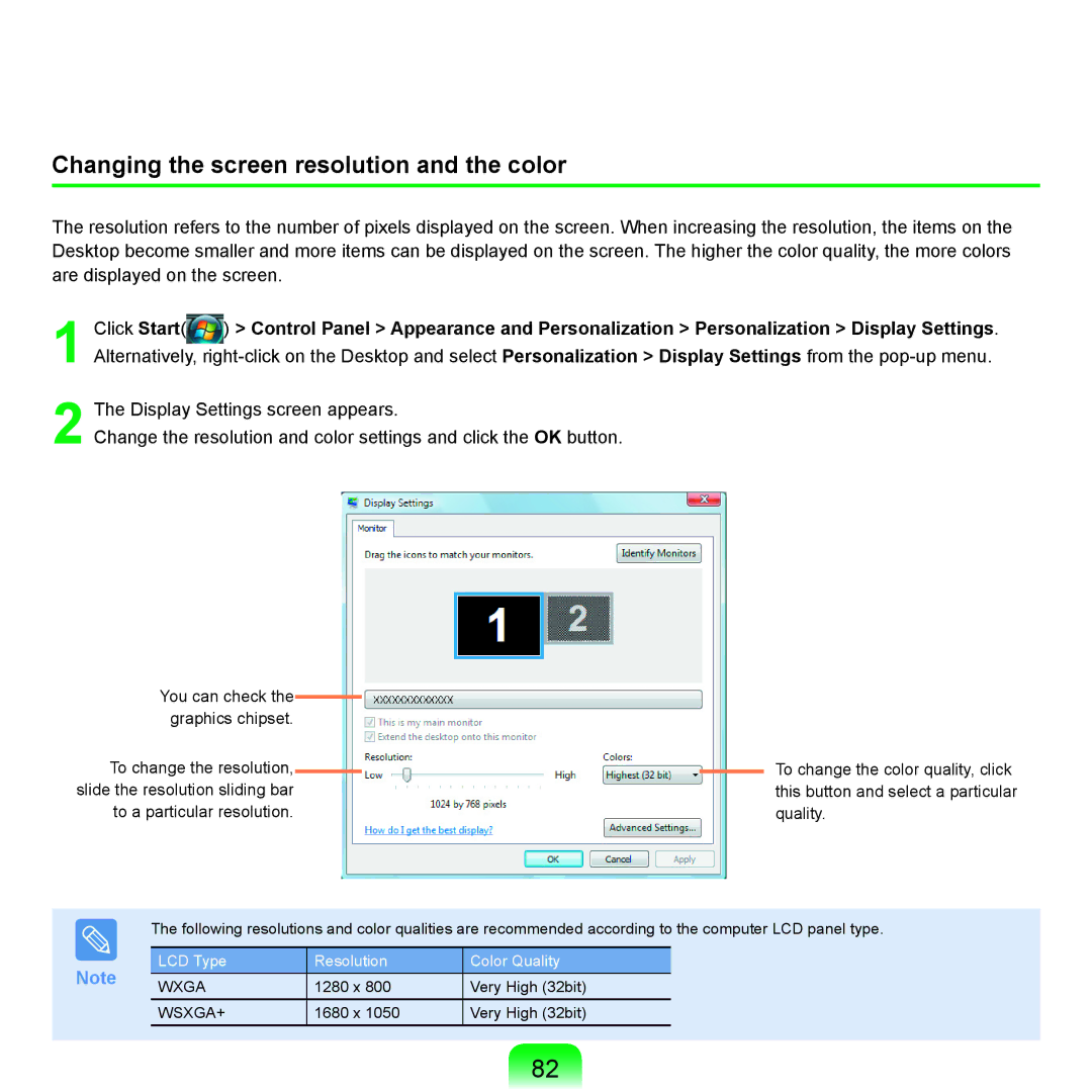 Samsung X65 manual Changing the screen resolution and the color 