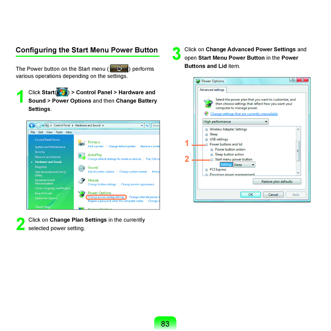 Samsung X65 manual Conﬁguring the Start Menu Power Button 