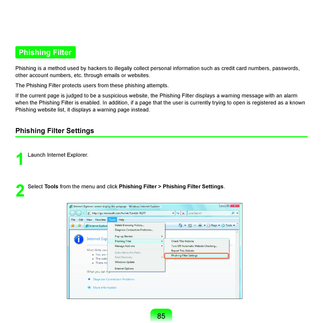 Samsung X65 manual Phishing Filter Settings 