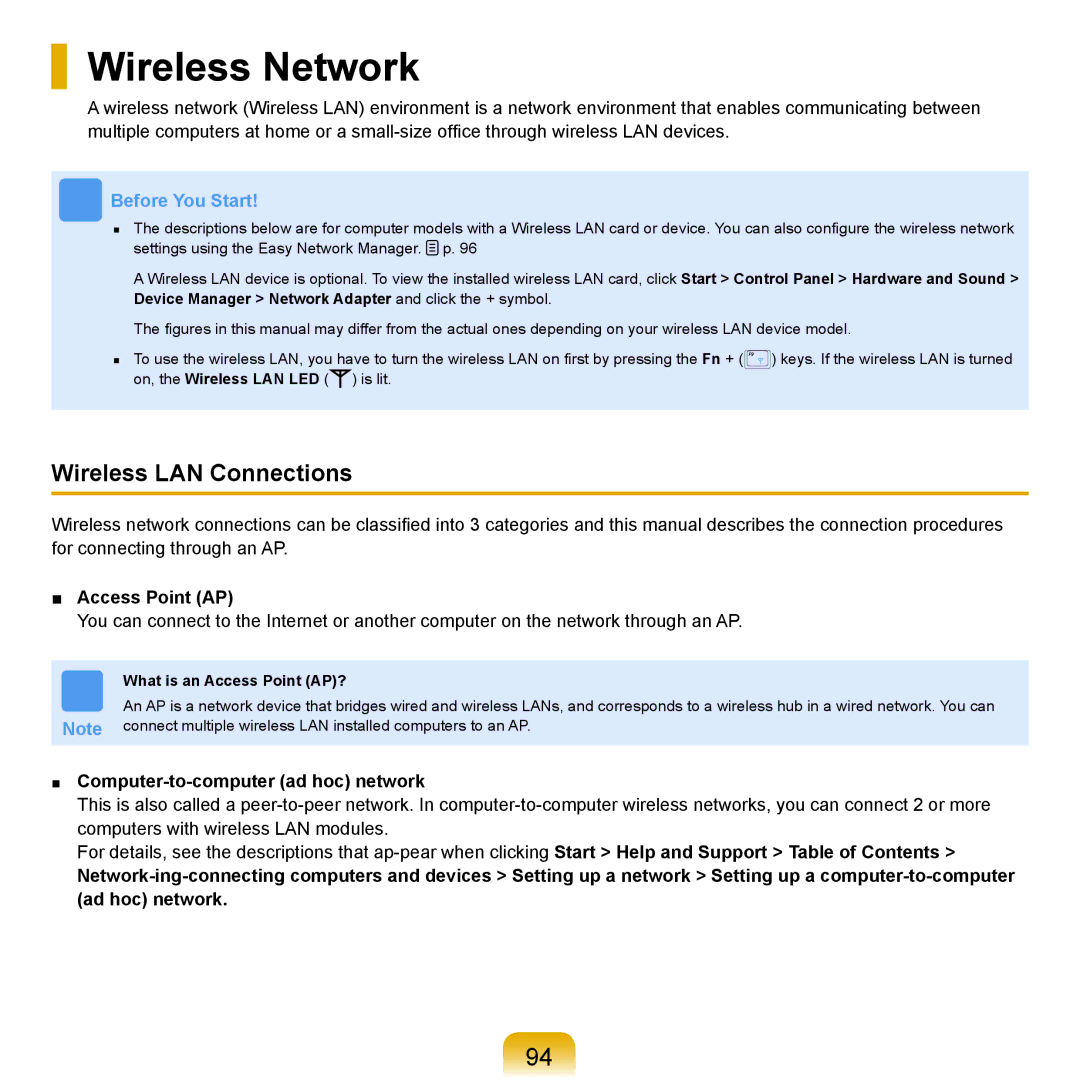 Samsung X65 manual Wireless Network, Wireless LAN Connections, Access Point AP, Computer-to-computer ad hoc network 