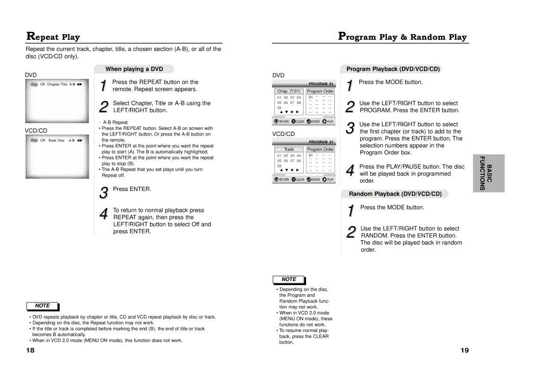 Samsung XAA manual Repeat Play, Program Play & Random Play, Program Playback DVD/VCD/CD, Random Playback DVD/VCD/CD 