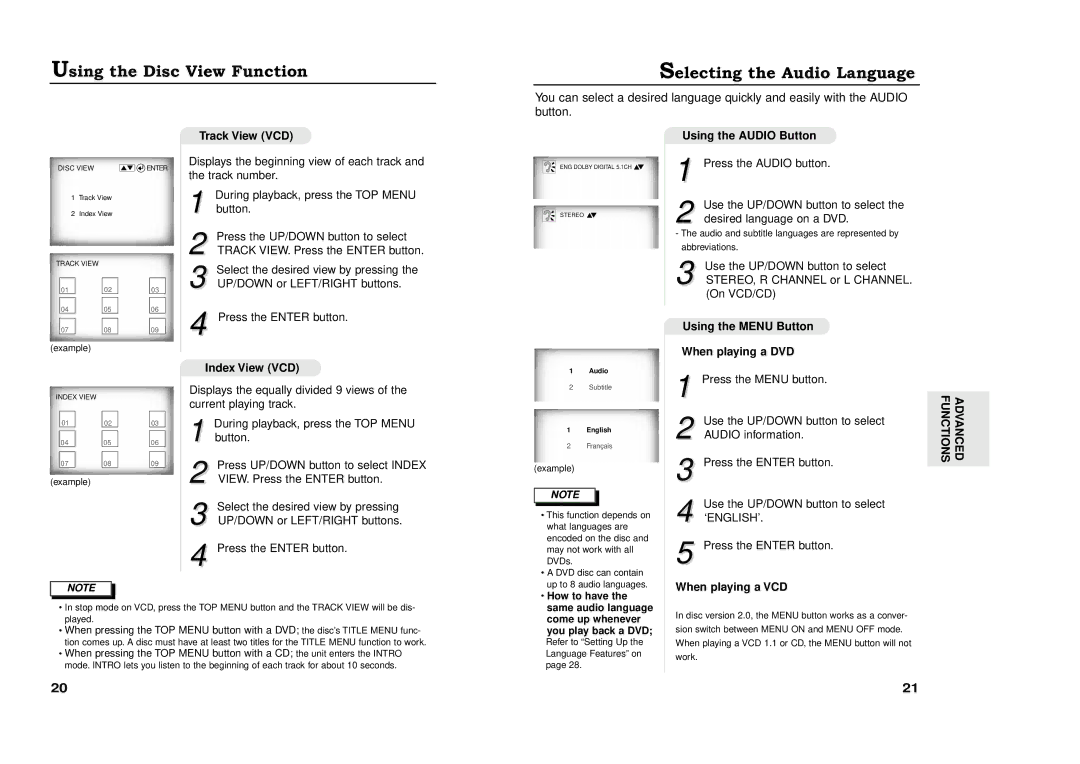 Samsung XAA manual Using the Disc View Function Selecting the Audio Language, Functions Advanced 