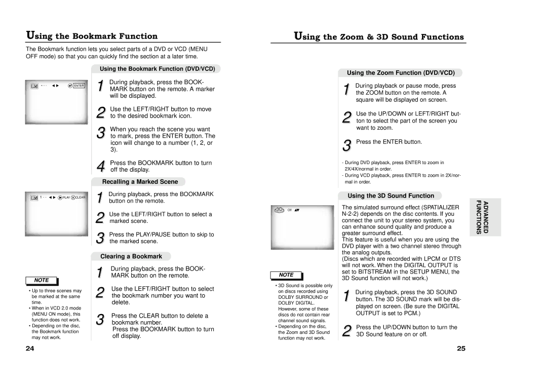 Samsung XAA manual Using the Bookmark Function, Using the Zoom & 3D Sound Functions 