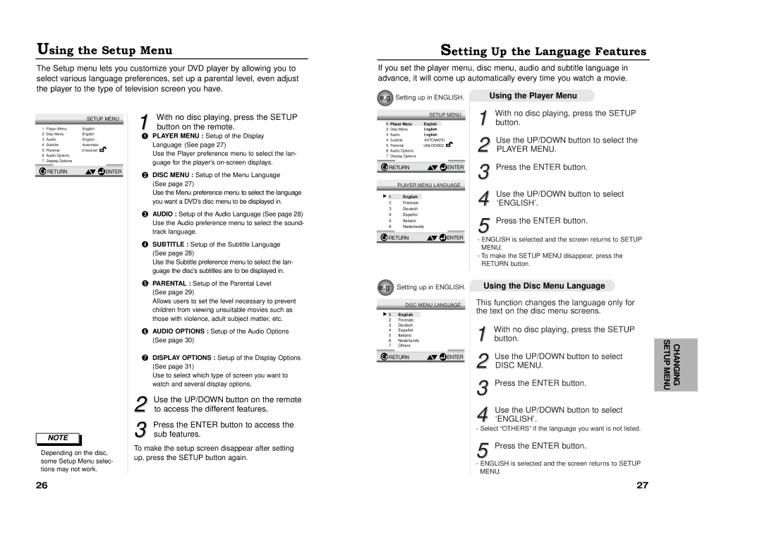 Samsung XAA Using the Setup Menu, Setting Up the Language Features, Using the Player Menu, Using the Disc Menu Language 