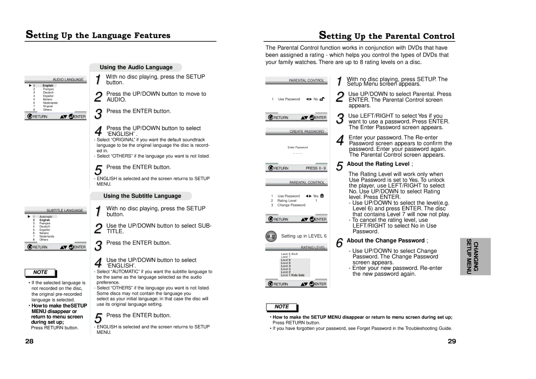 Samsung XAA manual Using the Audio Language, Using the Subtitle Language, About the Rating Level, About the Change Password 