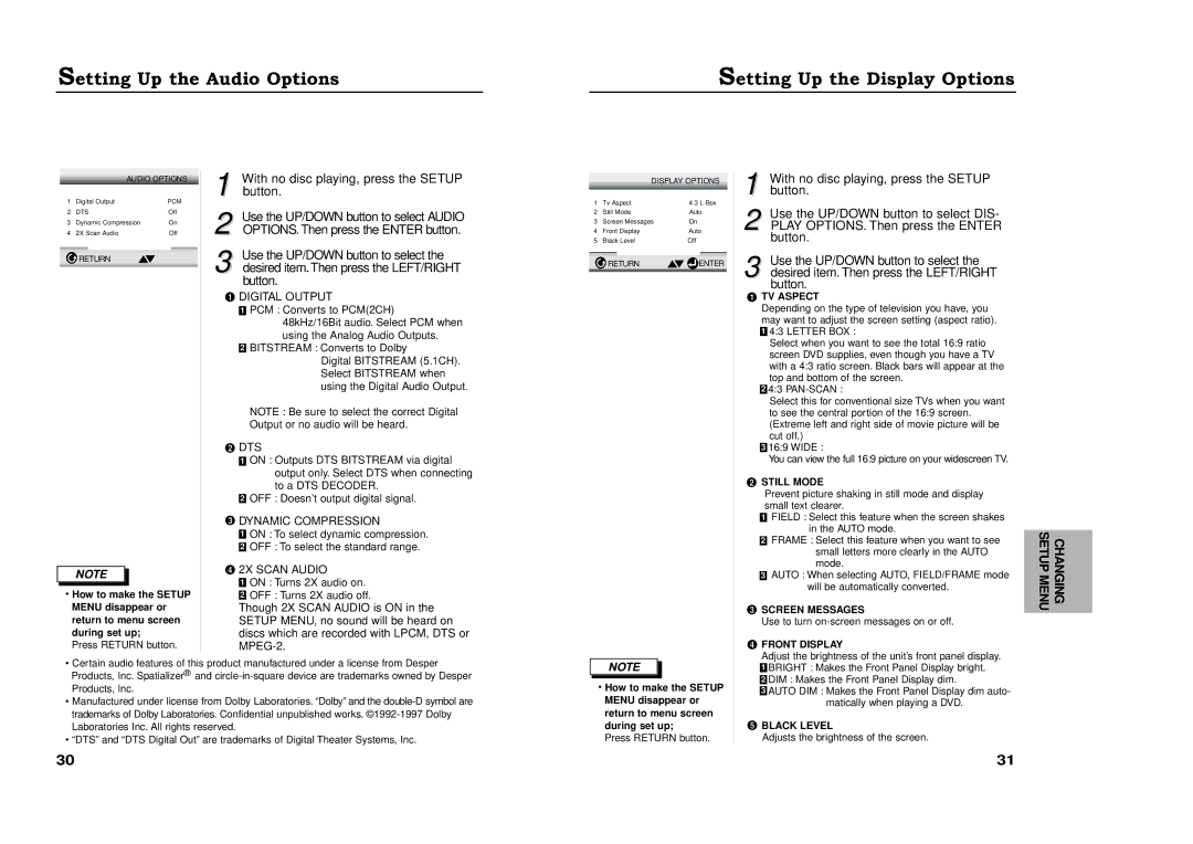 Samsung XAA manual Setting Up the Audio Options Setting Up the Display Options 