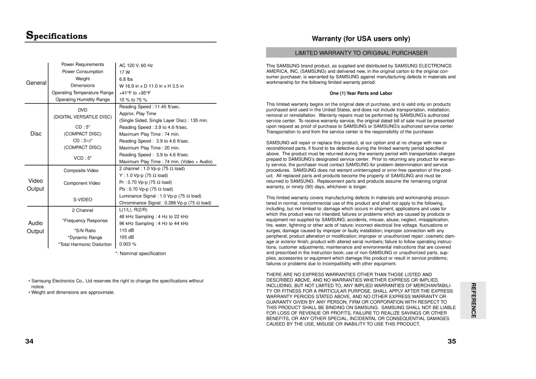 Samsung XAA manual Specifications, Limited Warranty to Original Purchaser 