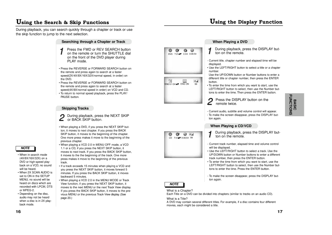 Samsung XAA manual Using the Search & Skip Functions, Using the Display Function 