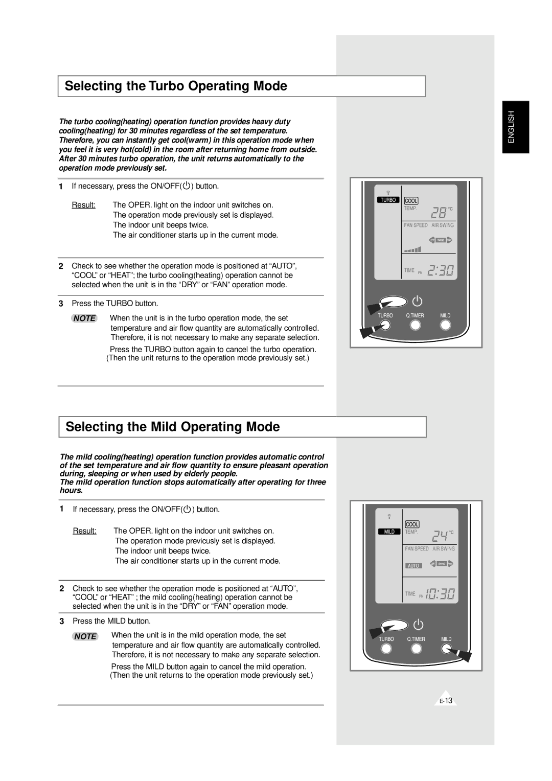 Samsung XAPH2807ER-XEP, XAPH2807ER-SEF manual Selecting the Turbo Operating Mode, Selecting the Mild Operating Mode 