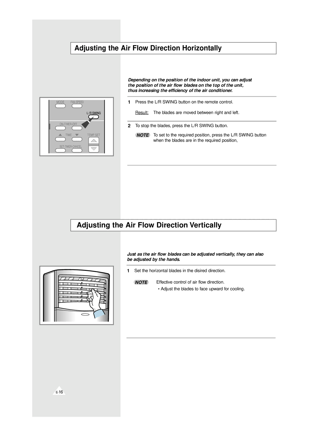 Samsung XAPH2807ER-SEF manual Adjusting the Air Flow Direction Horizontally, Adjusting the Air Flow Direction Vertically 