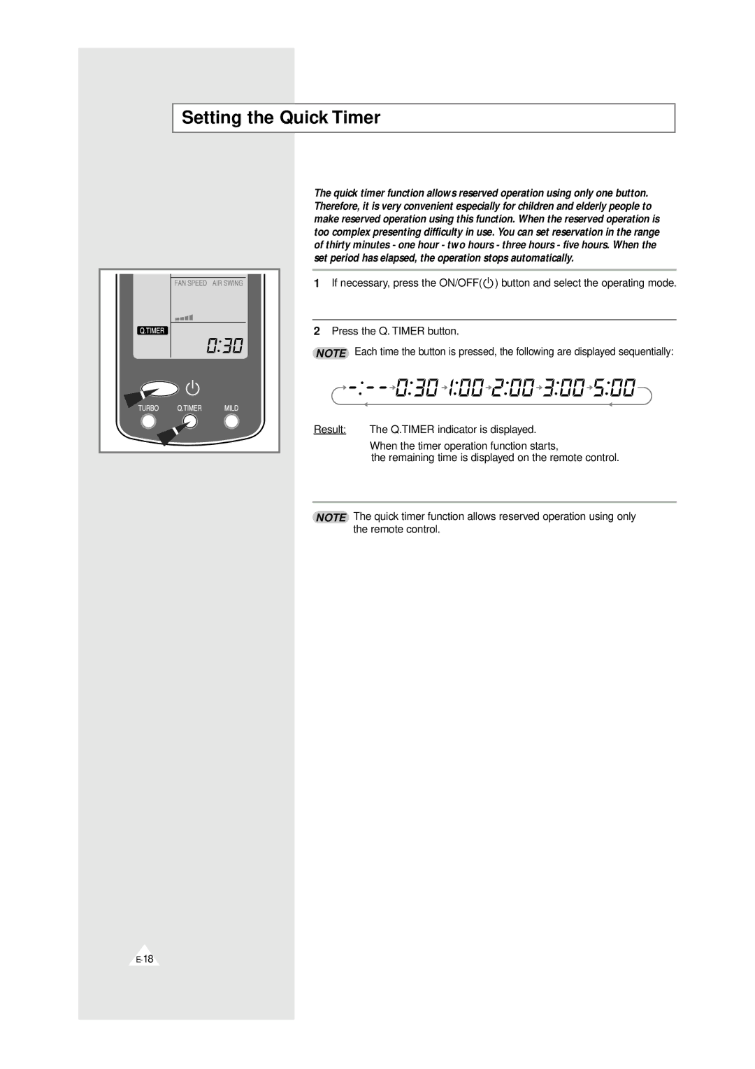 Samsung XAPH2807ER-SEF, XAPH2807ER-XEP manual Setting the Quick Timer 