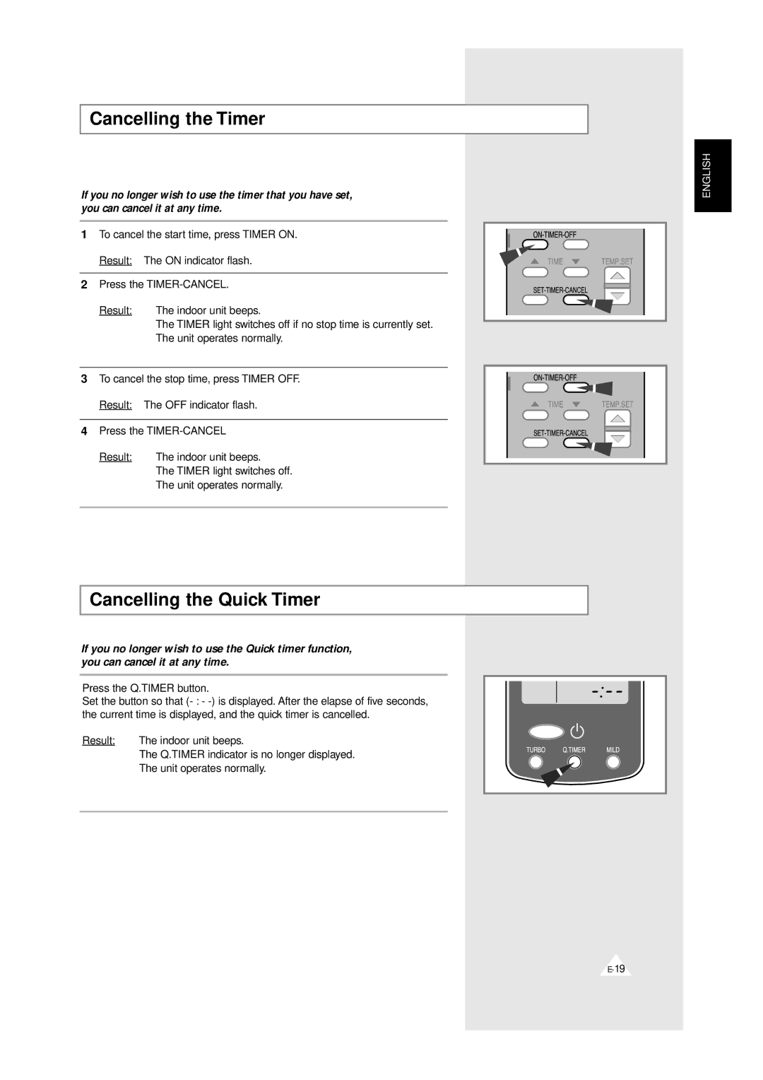 Samsung XAPH2807ER-XEP, XAPH2807ER-SEF manual Cancelling the Timer, Cancelling the Quick Timer 