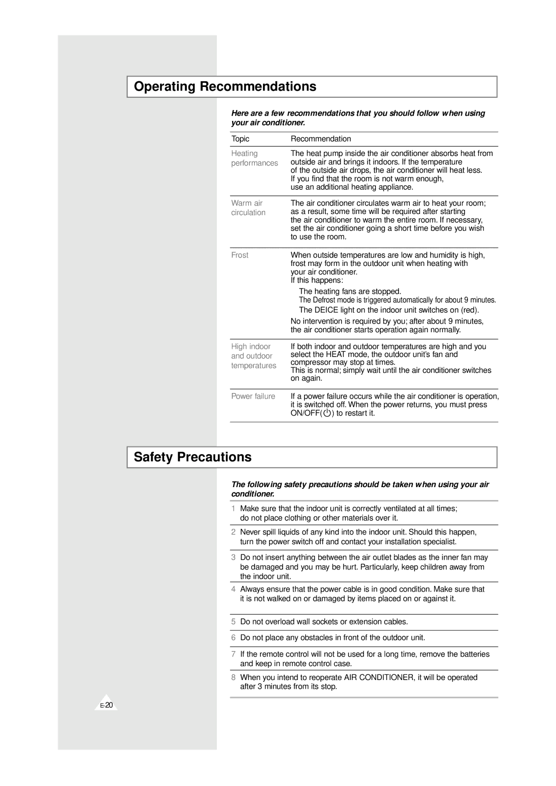 Samsung XAPH2807ER-SEF, XAPH2807ER-XEP manual Operating Recommendations, Safety Precautions 