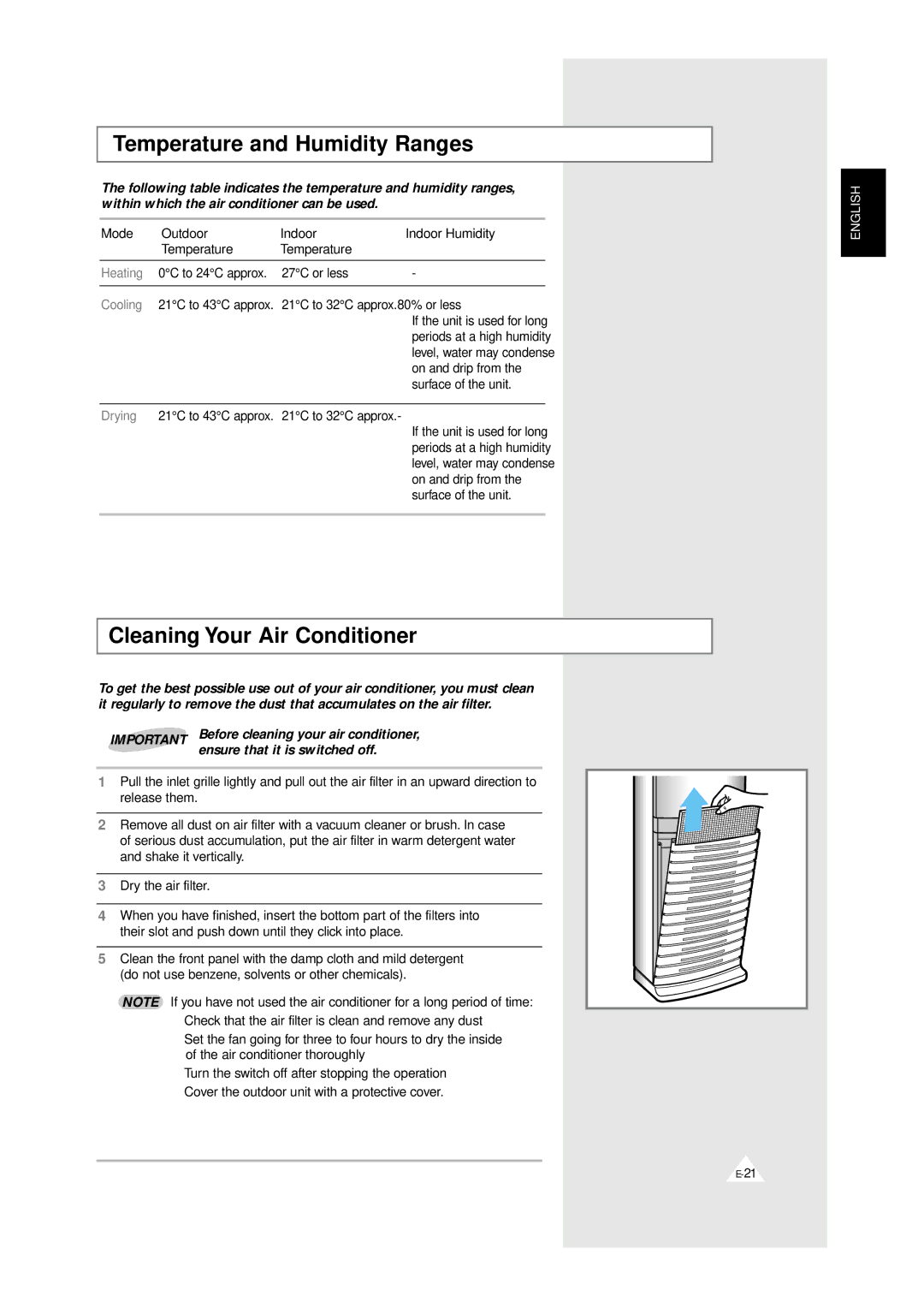 Samsung XAPH2807ER-XEP, XAPH2807ER-SEF manual Temperature and Humidity Ranges, Cleaning Your Air Conditioner 